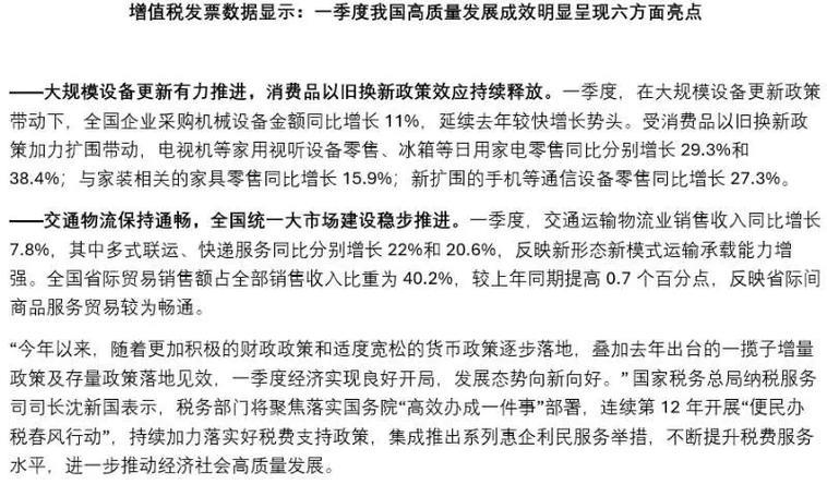 增值税发票数据显示：中国经济运行呈现多方面亮点